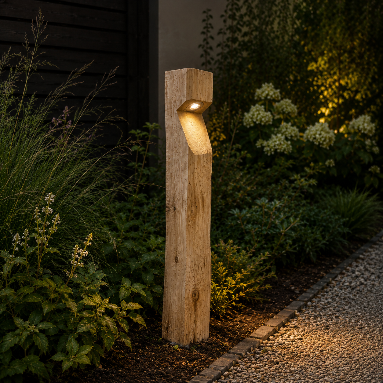 Holz-Wegeleuchte aus Edelkastanie in abgerundeter Form